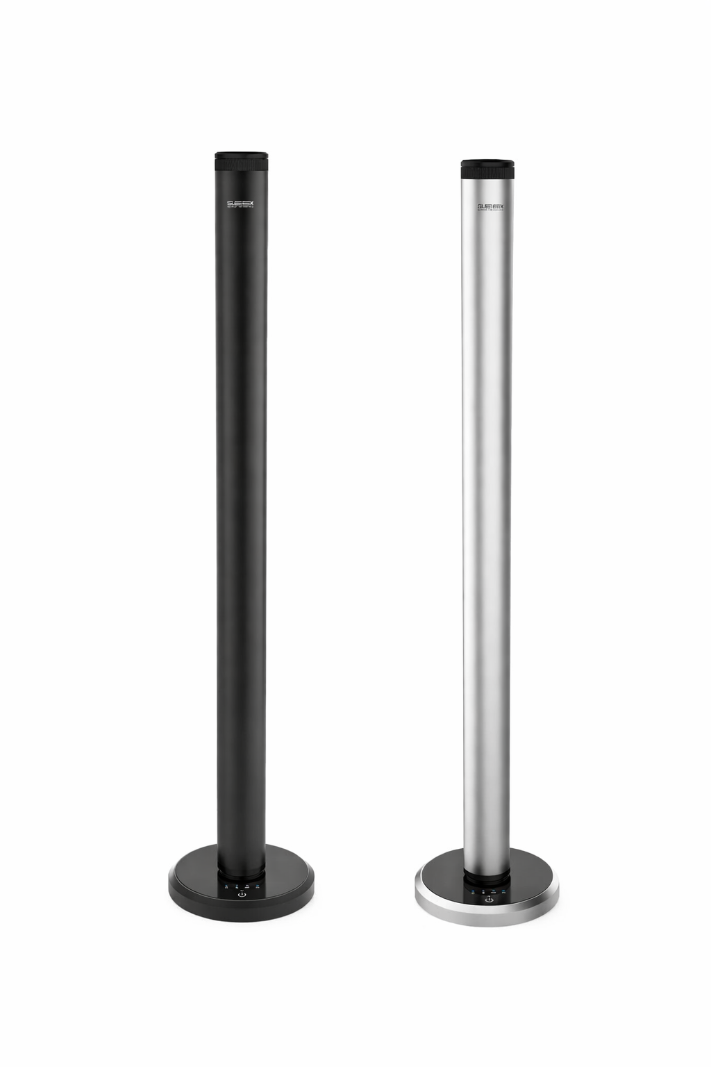 Two black and silver stand-alone posts on a white background