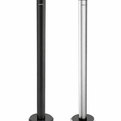 Two black and silver stand-alone posts on a white background